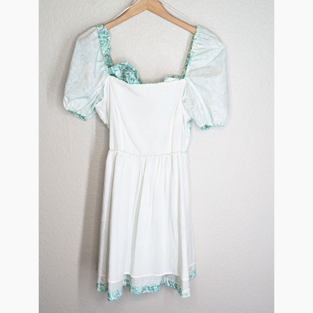 NWT White Green Floral Cottage Coquette Boutique Dress Sz M Puff Sleeve Bow - Picture 10 of 12